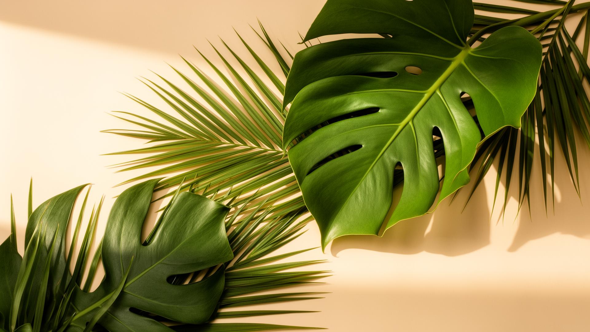 Lush tropical leaves on warm cream backdrop
